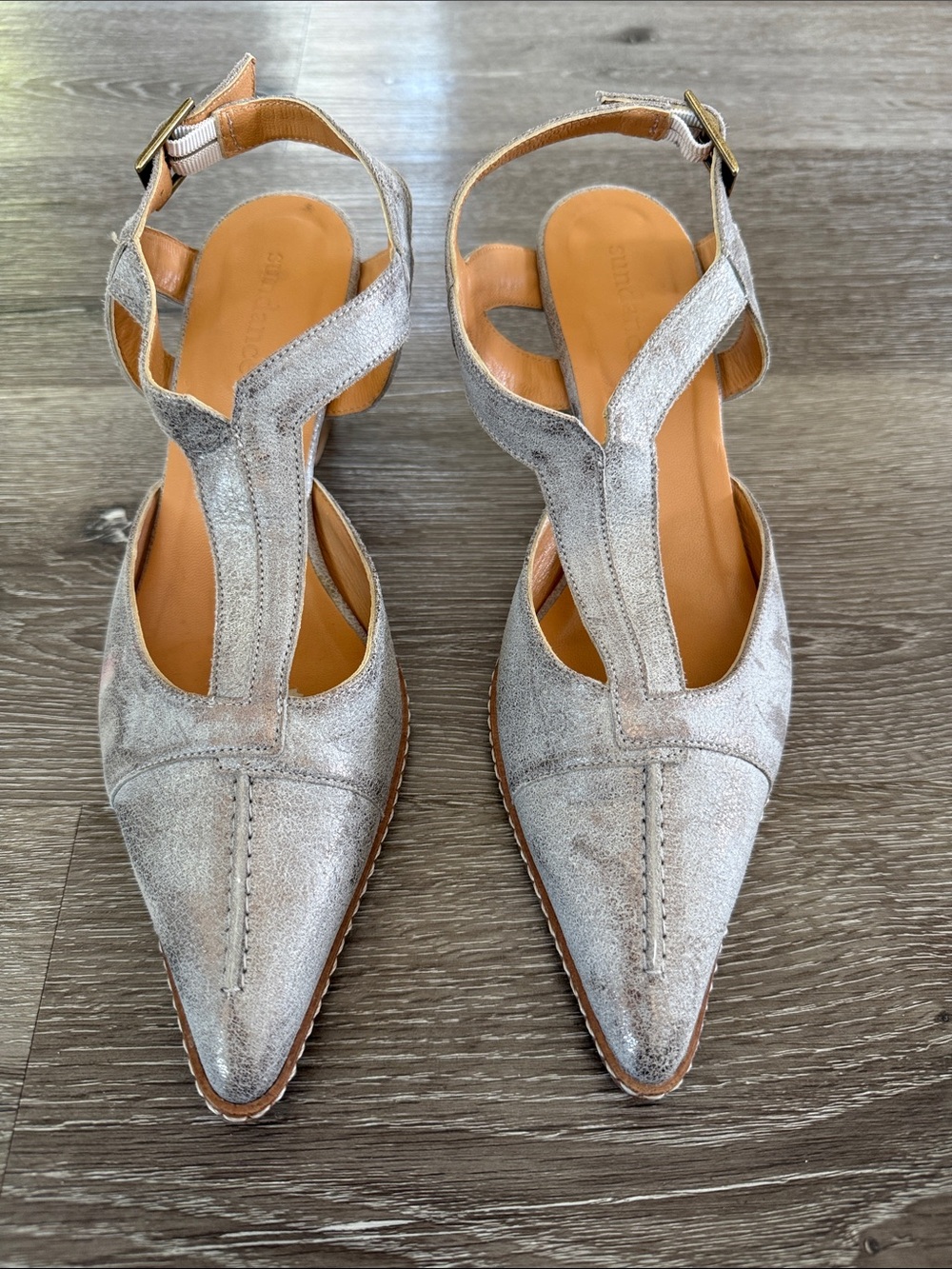 Sundance Metallic Silver T-Strap Block Heel Sandals, size 39